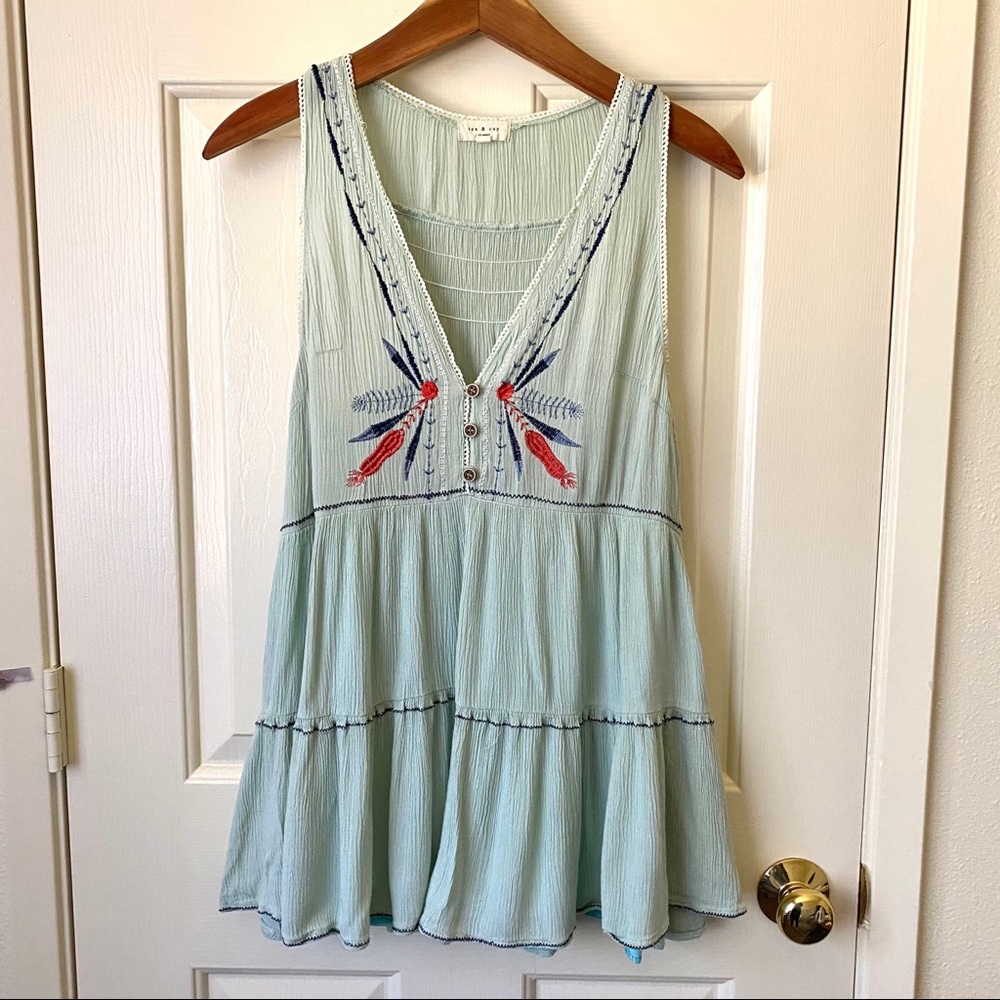 Tea & Cup Aqua Boho Embroidered Tank Top